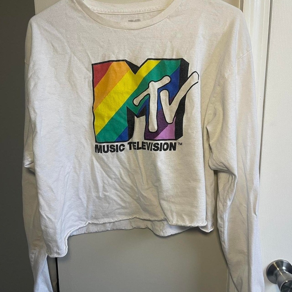 MTV Music Television White Rainbow Pride Logo Long Sleeve Crop Top Large